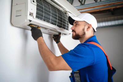 Air conditioning technician servicing a wall-mounted AC unit in Loveland, CO